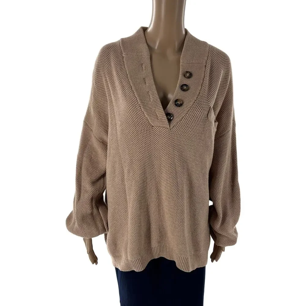 Lunya Tan Cozy Cotton Silk Pocket Henley Pullover Sweater